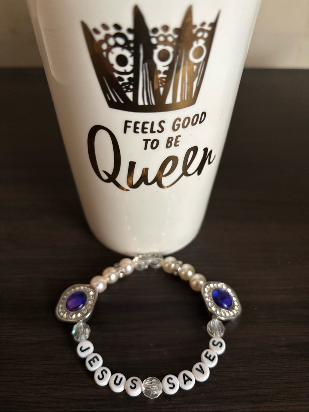 Religious 'Jesus Saves' Beaded Bracelet with Purple Accent Stones - Picture 2 of 2